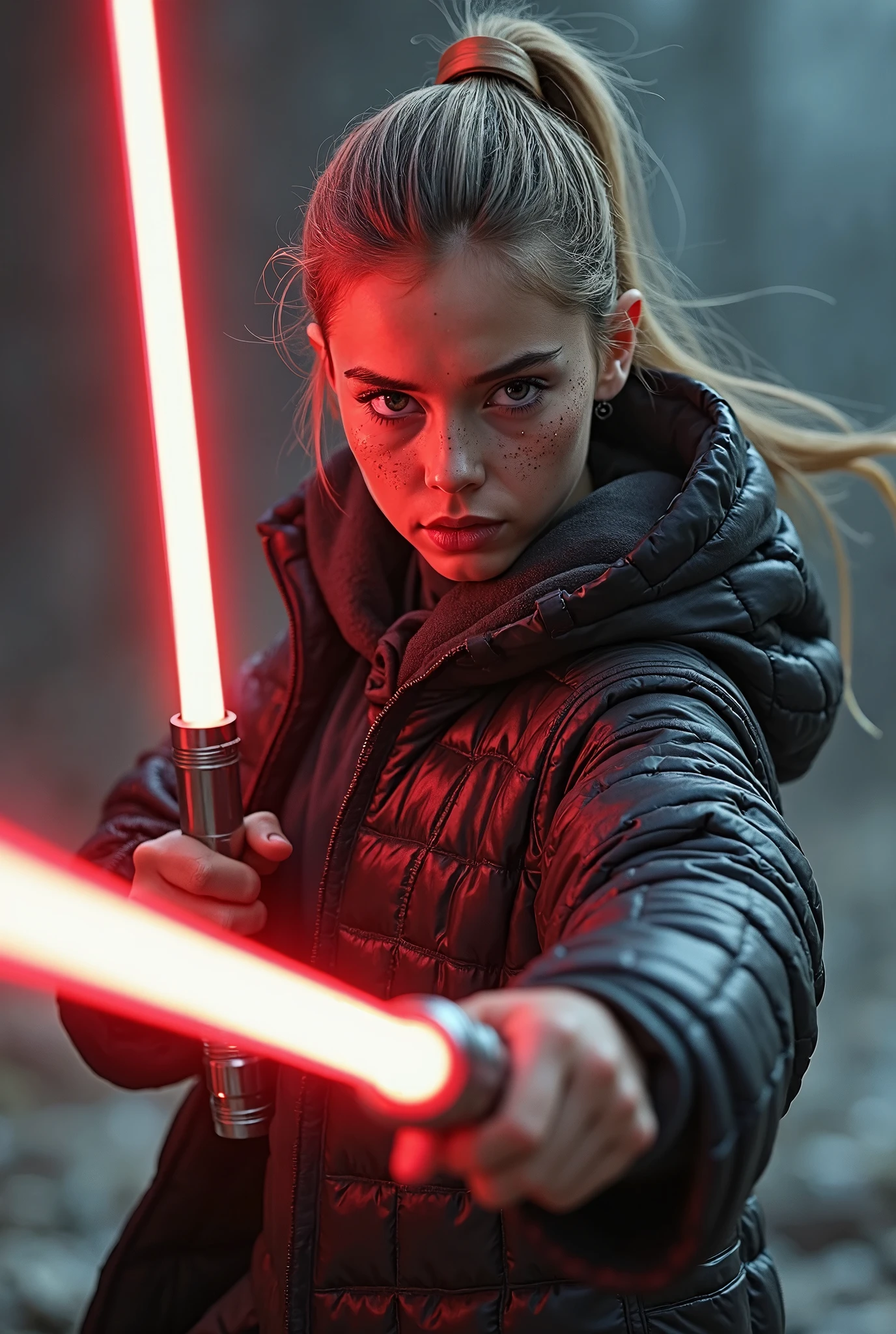 10 year old girl, blonde straight hair very long, PORTRAIT STYLE, CLOSE UP, is with a lightsaber in hand, Jedi with lightsaber, a Christian Jedi, Cal Kestis Lightsaber wallpaper, with lightsaber sword, with lightsaber, in a Star Wars sequel, Jedi Master, as a Sith Lord.