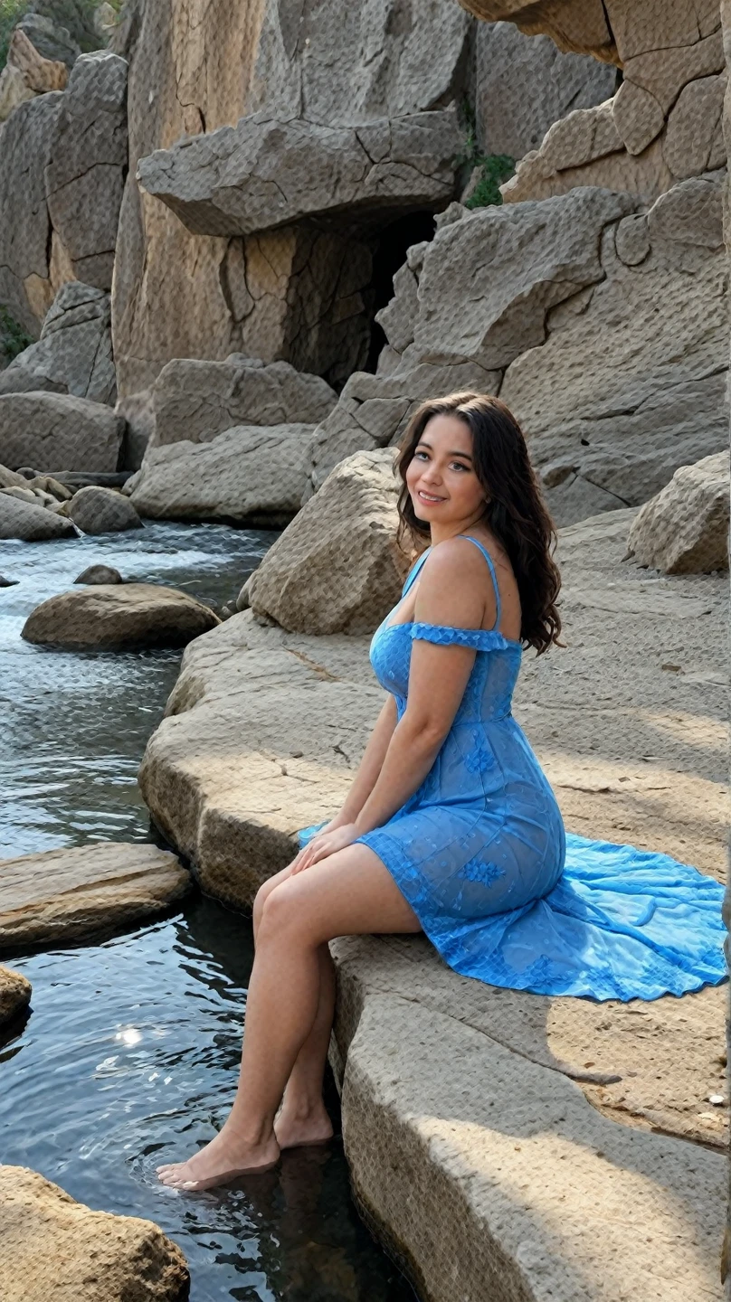 A navy blue dress sitting on a waterfall boat near Araf, a beautiful creamy red round neck, Gabriela Linda Curve, red seducer, full length photos and a powerful dress