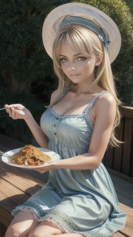 lady with long dirty golden blonde hair and brown eyes in a green bikini at the beach.a pet black cat with her on the towel. she is petite. she has a sharp triangle shaped nose. she is also eating a slice of cheese pizza with a pizza box on her towel. painting style.