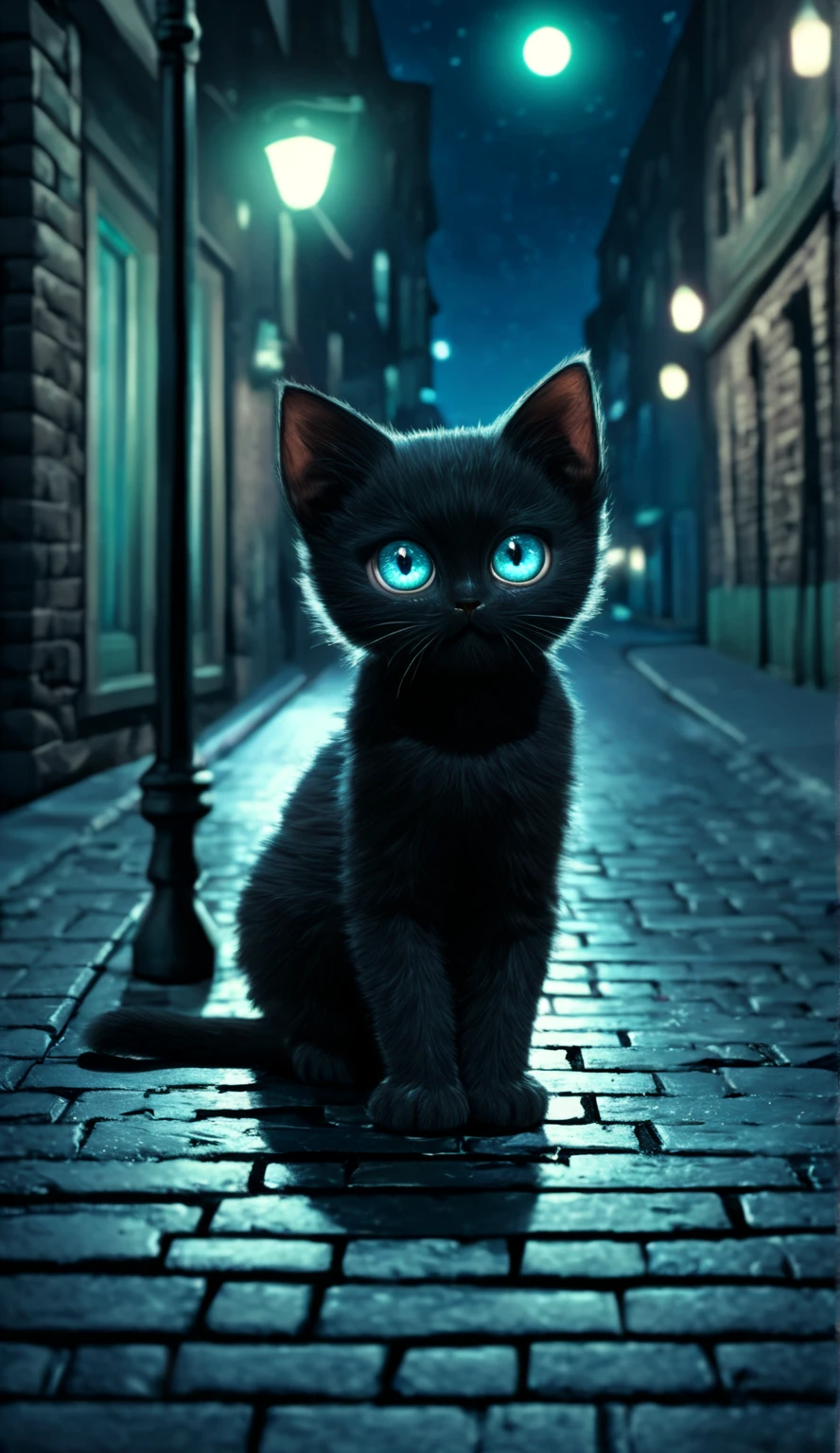 Black kitten, big eyes, na cor azul, Brilliant enigmatic look, fundo: dark brick floor street. low lighting. Noite. Vintage light pole. Slightly blue-green filter