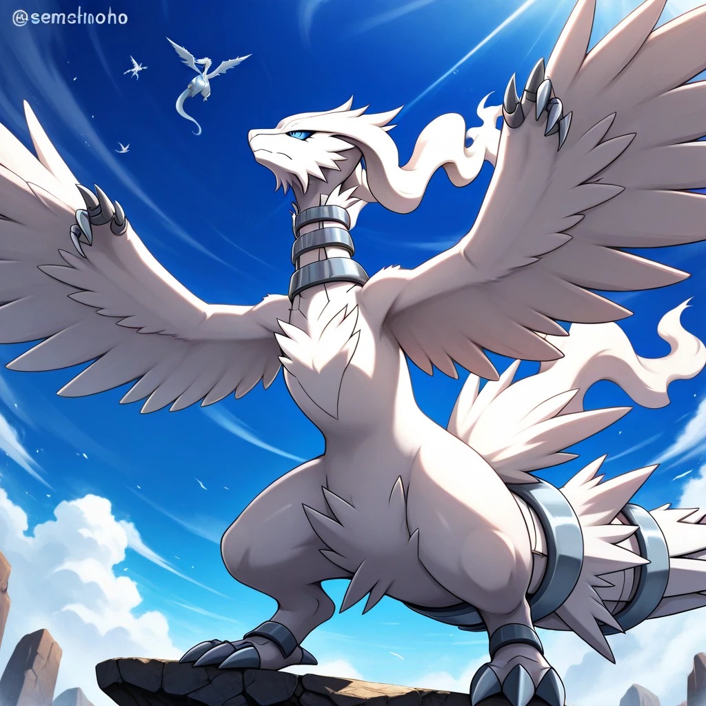 obra-prima, Best Quality, 1reshiram, dragon, full body , sem humanos, sozinho,   sky, blue   sky, garras, serious pose   