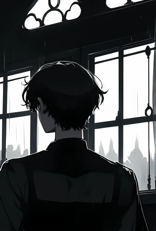 A young man with black hair, blue eyes, a blue suit stood with his back turned half-face smoking a cigarette in his room at night.