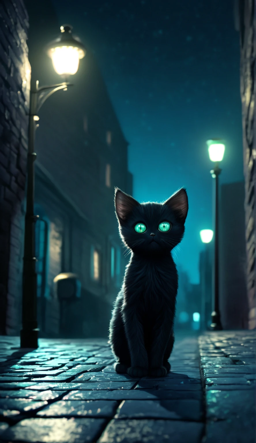 Black kitten, big eyes, na cor azul, Brilliant enigmatic look, fundo: dark brick floor street. low lighting. Noite. Vintage light pole. Slightly blue-green filter