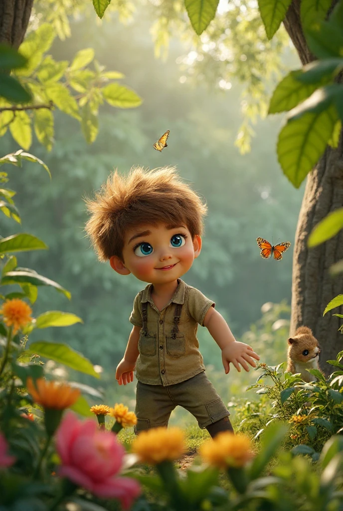 Create an image of a realistic-looking 5-year-old boy sitting on a rock. He should have light brown hair and green eyes.