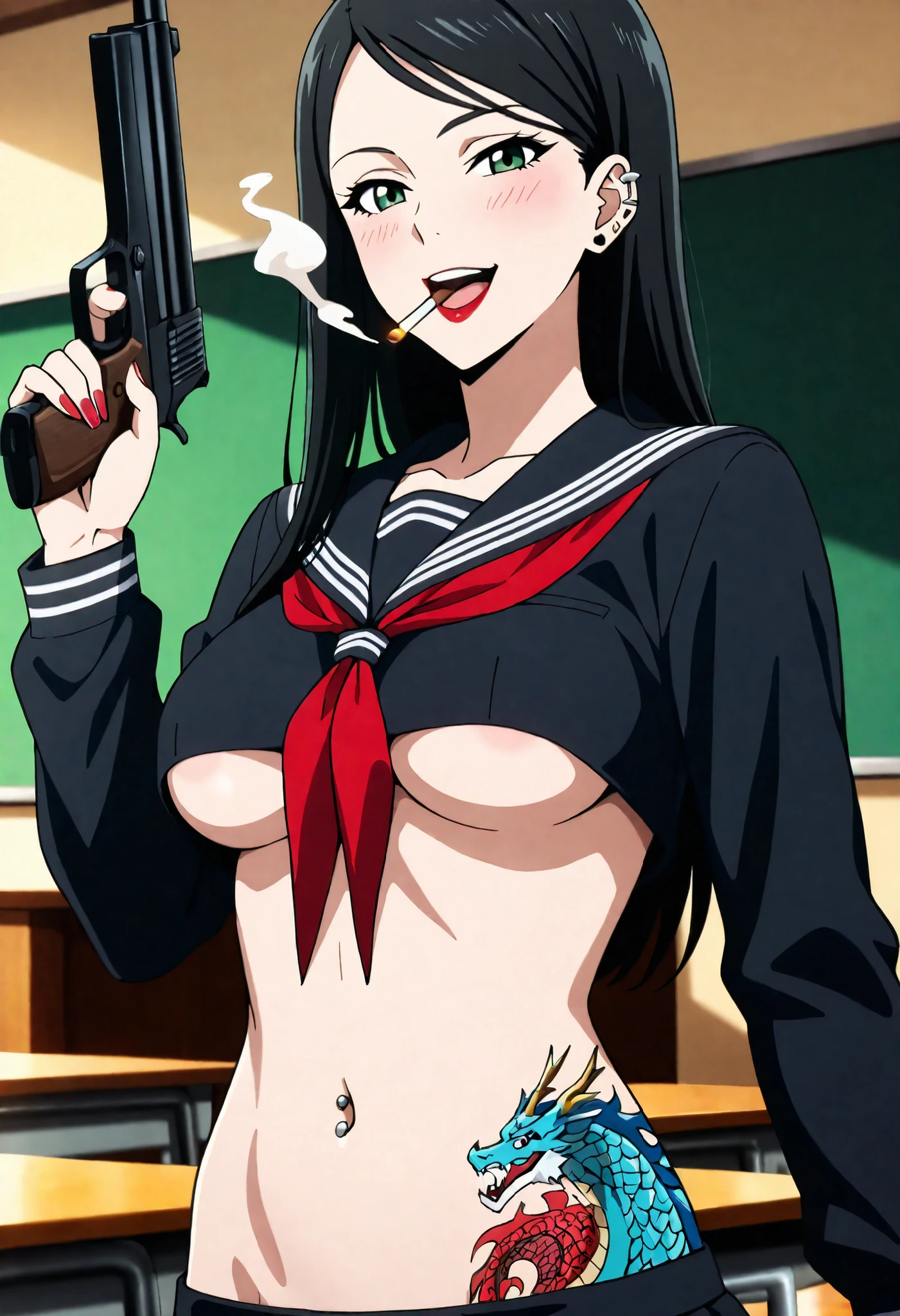 1girl, solo, purple-black hair, beautiful detailed lips, large breasts, blunt bangs, morda, long hair, lipstick, smile, Hot girl, baddie, bad attitude, mean girl, crazy, smoking, sensual, attractive, masterpiece, best quality, highly detailed, a anime girls in sailor uniforms with a gun posing for a picture,
evil smile, smile, open mouth,black_serafuku, ecchi anime style, anime girls , (nsfw) not safe for work,
ecchi style, ecchi, shipgirls, digital anime art!!, high school girls, holding a gun, hold a gun, anime style 4
k, micro skirt, exposed belly, exposed navel, exposed midriff, holding pistol,underboob,
exposed lower belly,school, classroom,