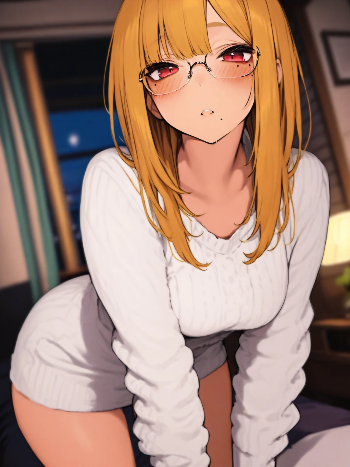(highest quality、In 8K、Masseter muscle area、Delicate illustrations), Browsing Caution、Slender, She is a very attractive young girl、((Slender body、Small breasts)1.imple T-shirt、((She is sitting on the couch、Spreading her legs to seduce the viewer)1.1)、Orange Hair, Long Hair, Purple Eyes, Black-rimmed glasses, Place your hands on your crotch, Sweating a lot, Open Mouth, Lying down, Exposed genitals,An invitation to sexual expression