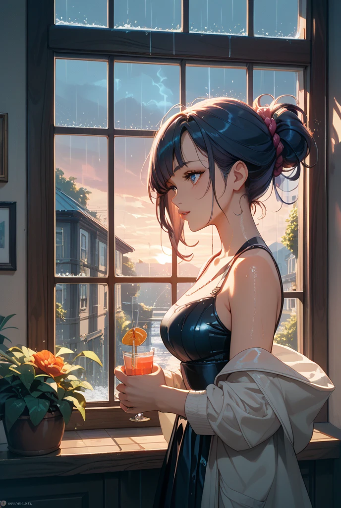 An exquisitely detailed 3D render of an attractive, anime-style woman with a massive bosom, wearing a loose blue space bun hairstyle. She has a perfect slim fit body, wearing only panties and an untied bathrobe. She is casually enjoying a glass of wine, sipping from it as she leans on the balcony railing of her luxurious apartment. The city skyline stretches out behind her, illuminated by the golden glow of the setting sun. The overall atmosphere is both sultry and tranquil, capturing her moment of relaxation and self-indulgence., anime, 3d render