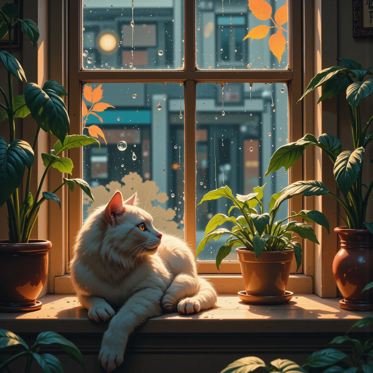 (Rainy Window:1.5), (Rain on glass),(inside the room,Cat by the window)