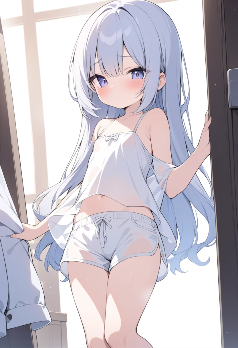 Furry white bear,White fur, body,blue color eyes,White hair,In the daytime,Glowing hair,Wearing white panties,Didn't wear underwear,A shy look