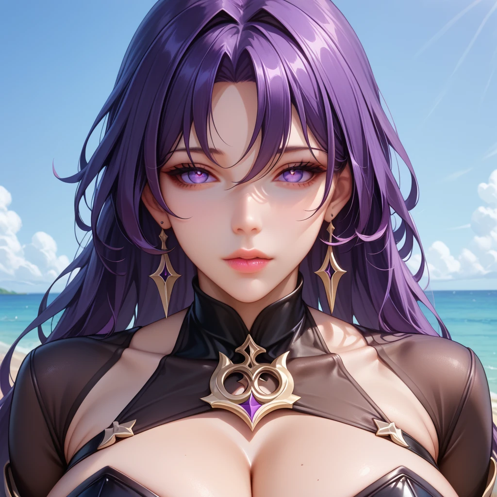 masterpiece、1 beautiful girl、Beautiful Eyes、smile、Puffy eyes、Highest quality, 超High resolution, (reality: 1.4), Cinema Lighting、so beautiful、Beautiful Skin、(ultra-realistic)、(High resolution)、(8k)、(Very detailed)、(Beautiful Eyes)、(Very detailedな)、 、Detailed face、Bright lighting、Professional Lighting、Looking at the audience、Look straight ahead、diagonal bangs、Perfect cosplay,((masterpiece, Highest quality,Edge Quality)), 
Edge DQ, Long Hair, chest, smile, Blue eyes, large chest, gloves, belly button, Chest cleavage, Bright purple hair,  choker, elbow gloves, sword, bikini armor, Winged Helmet, red armor ,wearing Edge DQ_armor、muscular、(((Put your hands on your head、Put your hands on your hips、Please put your hands together in front of you.、Place your hands behind your back)))、(((Ocean)))、(((Photographed from the shore)))