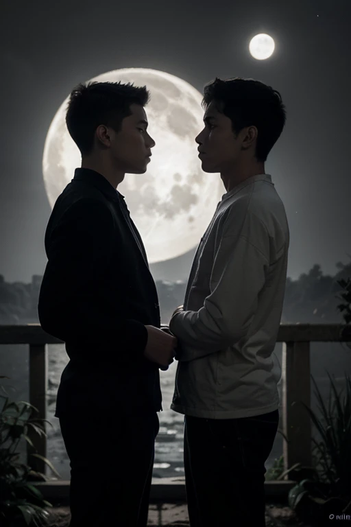 Two Asian men not showing their faces kissing in the shade under a full moon