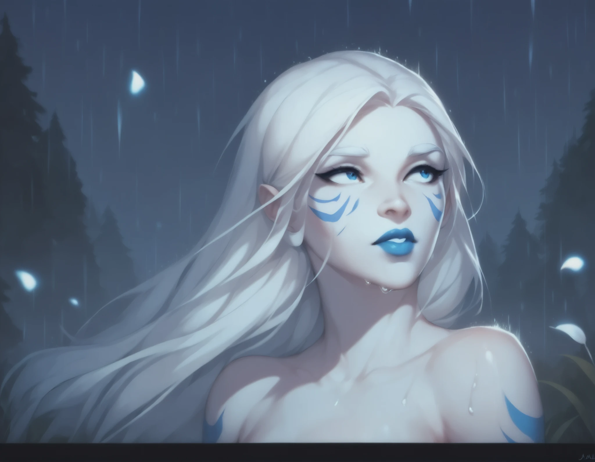 Jarael, alabaster white skin, blue tattoos, facial mark, blue lips, wearing earrior robes, in a forest at night, night-time, very detailed, dark and moody lighting, walking in the rain, wet hair, wet clothes