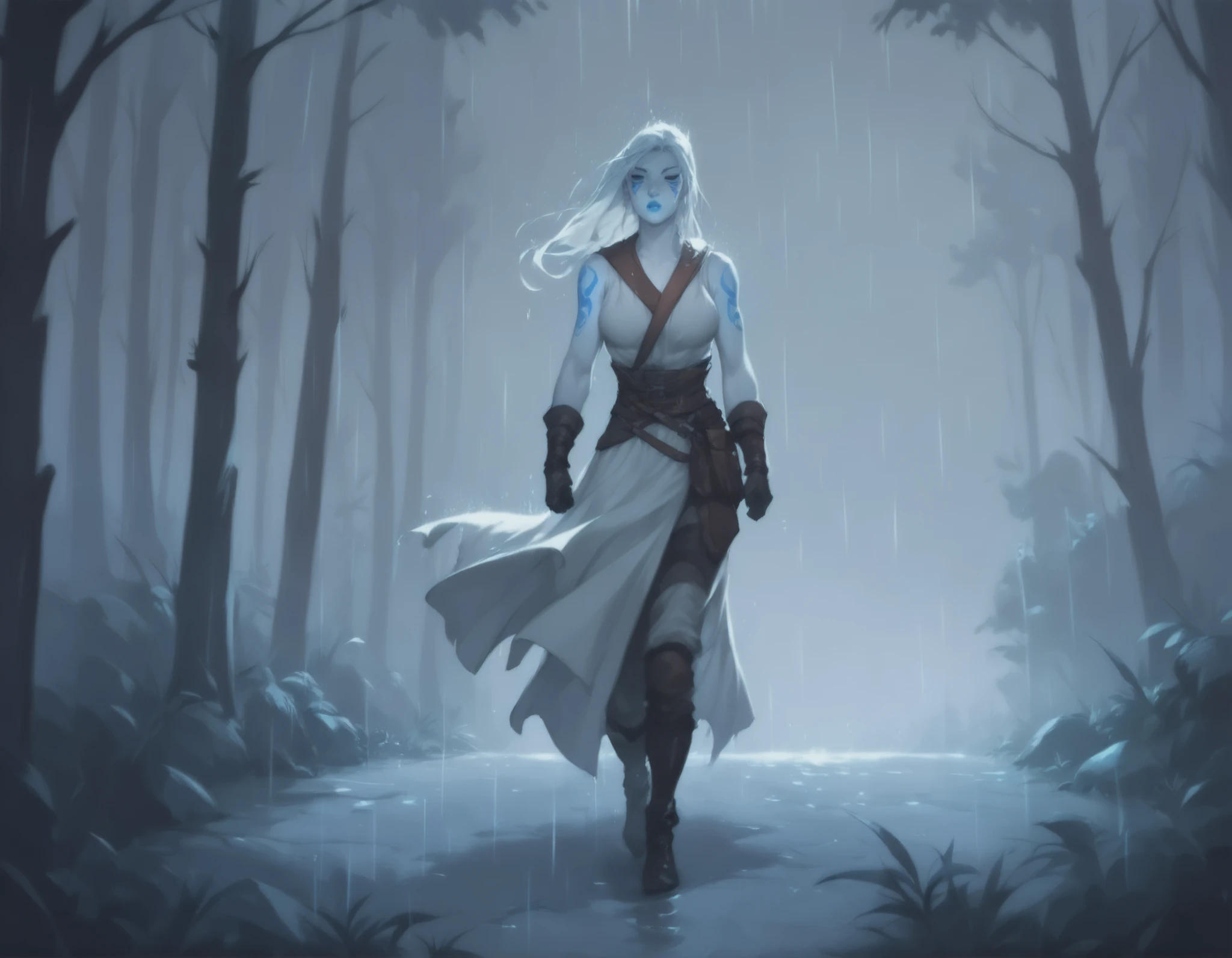 Jarael, alabaster white skin, blue tattoos, facial mark, blue lips, wearing loose warrior robes, in a forest at night, night-time, very detailed, dark and moody lighting, walking in the rain, wet hair, wet clothes