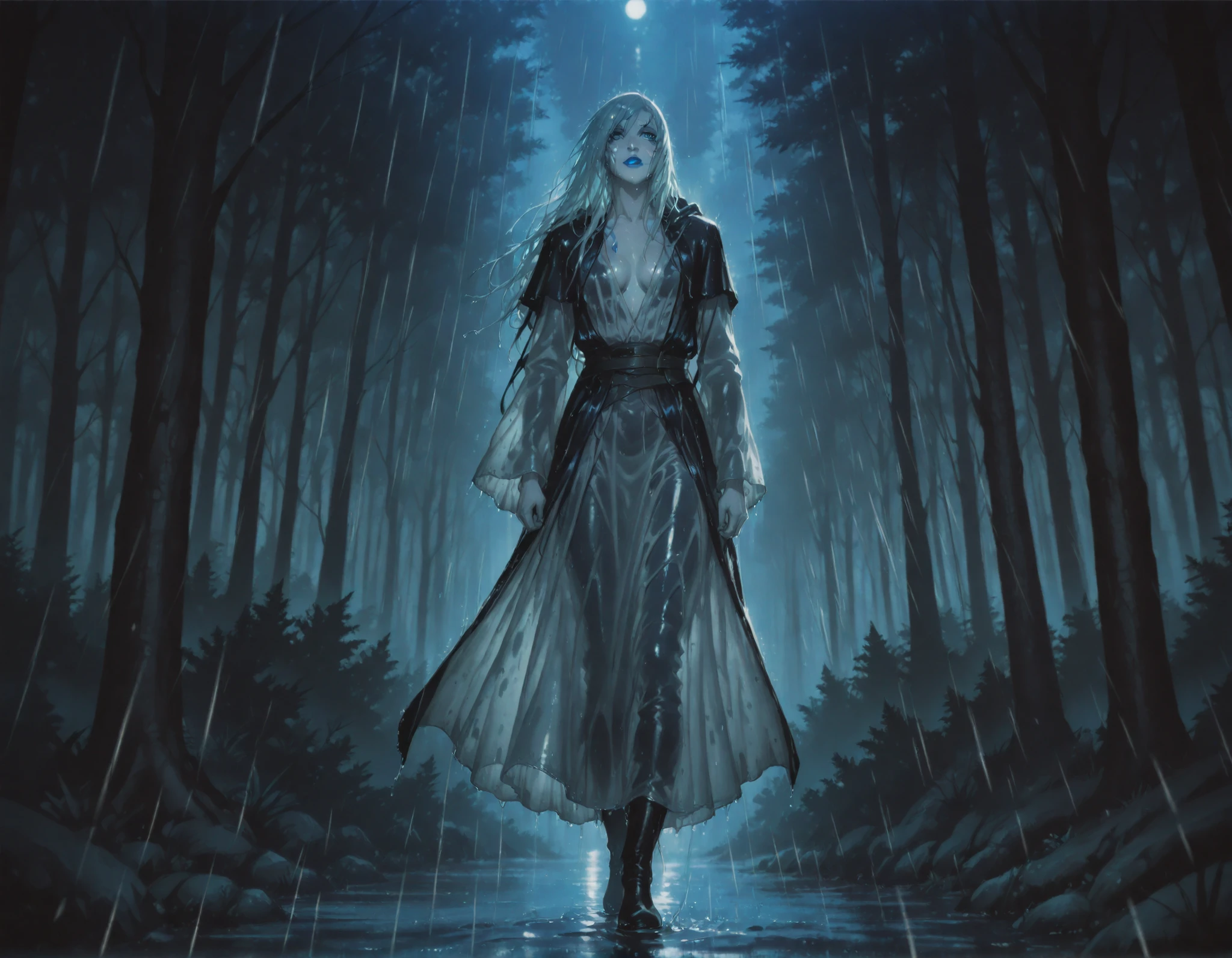 Jarael, alabaster white skin, blue tattoos, facial mark, blue lips, wearing warrior robes, in a forest at night, night-time, very detailed, dark and moody lighting, walking in the rain, wet hair, wet clothes