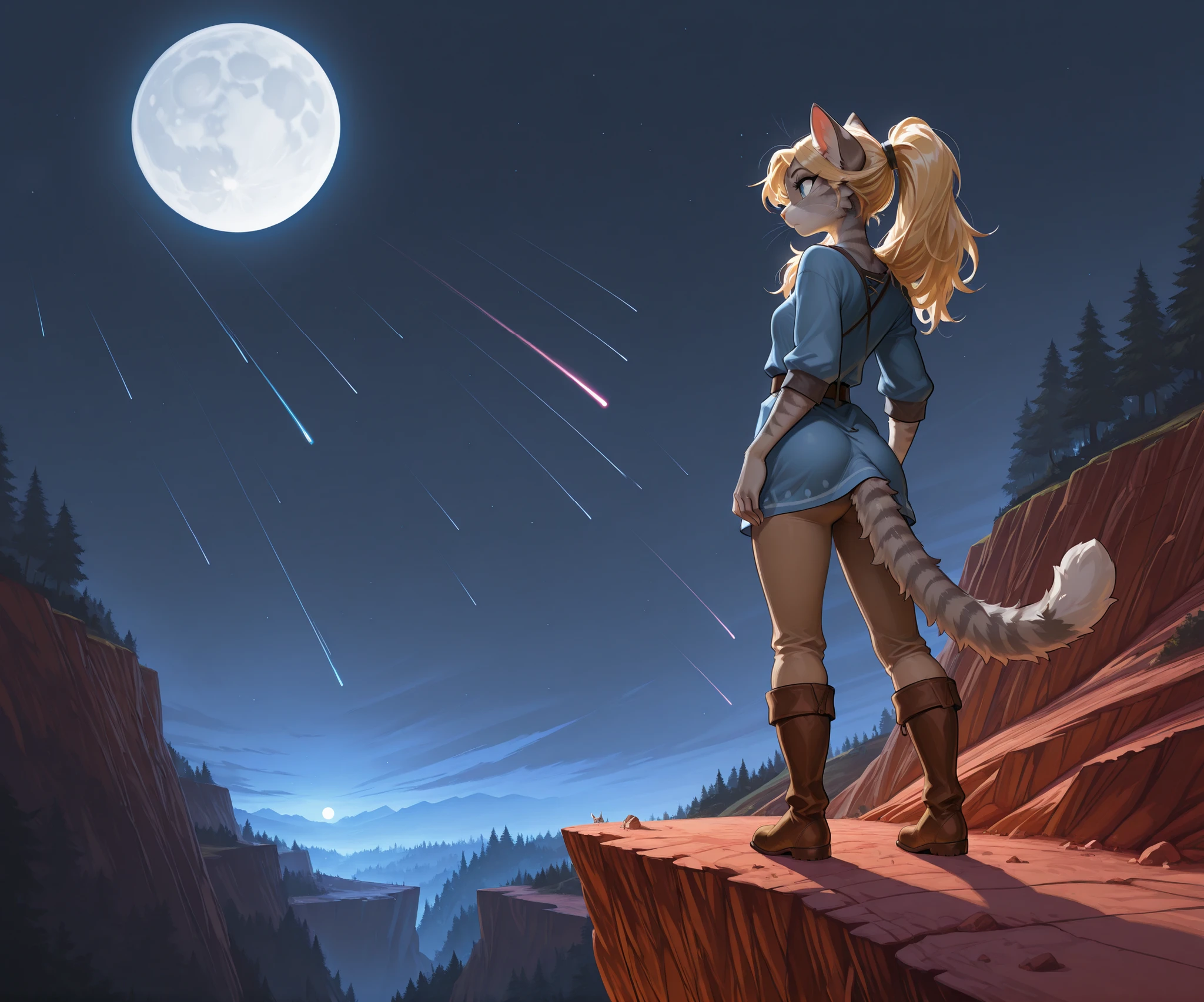 , masterpiece, best quality, amazing quality, toony, katxl, blonde hair down, anthro furry feline, grey striped body,  slender body, blue eyes, small breasts, long blonde hair, hair in ponytail, grey striped fur, cat tail. wearing blue tunic, brown pants, Belt, brown boots, she is looking forward,   fluffy fur, BREAK, she is standing atop a cliff, tall cliff, standing on the edge of a cliff,  the cliff is overlookong a majestic deep forest, forest in the background. shooting stars in the night sky, full moon, BREAK, far away shot, long shot, , soft shading, clean lineart, high quality, rear view