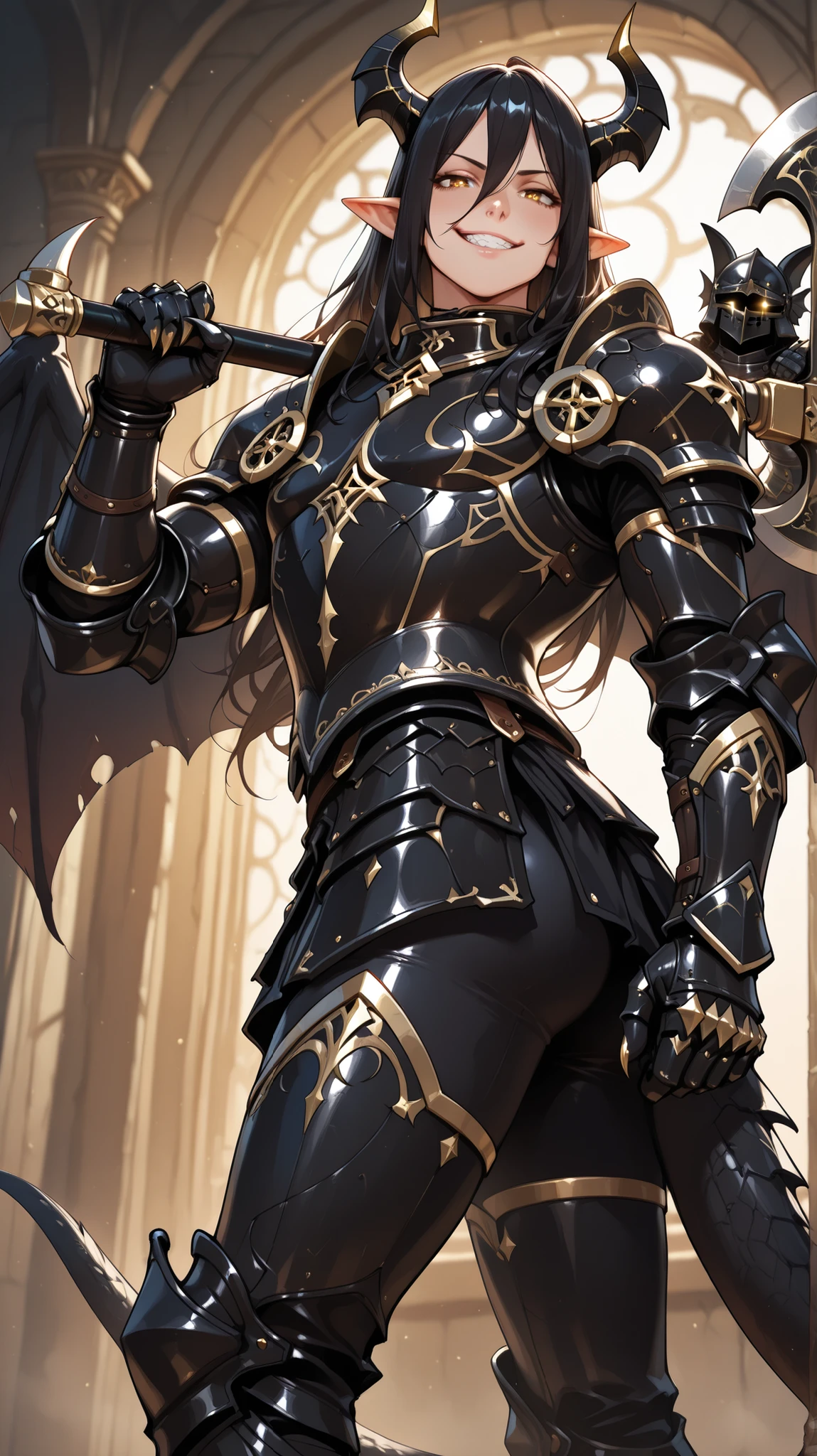 (masterpiece, best quality: 1. 5), highres, 8K, CG, (((Anime))), (1 male), lean body, ((masculine)), (floating in the air), weredragon, japanese anime style, glossy black, shiny black leather, ((beautiful golden eyes, finely detailed eyes, bright eyes, vertical iris)), hair between eyes, long hair, sideburns, wild hair, (sly grin, smirk, evil smile), teeth, confident, black hair, (ultra detailed face), shiny skin, long pointy ears, twisted torso, long-legged, sculpted face, wasp waist, dragon’s horn, dragon’s tail, dragon’s wings, dragon’s sharp claws, ((black armor with a lot of grandiose decorations)), half dragon half human, dramatic angle, dynamic posture, (holding giant axe on shoulder, huge axe), ultra detailed black armor, black armor with gold accent, all black outfit, whole body, emphasize face, focused expression, sharp focus, oblique angle, good-looking man, well-polished black armor, charismatic pose, (best illustration), cinematic, super detailed, dramatic lighting, (intricate detail, super detail, extreme detailed), reflection, pearly luster, ((highly detailed artwork)), dramatic shadows, tenebrism, chiaroscuro, wonderful pose, chiseled features, stark contrast, heavy shadows, detailed black decorations, beautiful and aesthetic, photoreal, from below, (mysteriously crafted black metal armor: 1. 5), sparkling accessories, thick and luxuriant hair, ultra detailed fantasy black armor, dressed in black, broad shoulder, sharp eyes, true-to-life visuals, artistically refined, dramatic contrasts, ((extremely delicate and beautiful armor, elaborate armor details)), dark armor, exquisite goldwork, wonderful black armor, armor with intricate engravings, (armor-type boots), ((detailed shoulder armor with intricate engravings, gold accent black armor)), (128K Ultra High Resolution), very gorgeous and dazzling, dark fantasy black knight, slim waistlines, wide chested, sinewy body, splendid scenery background, (((Hyper Detailed & Perfectly Designed Black Armor)))