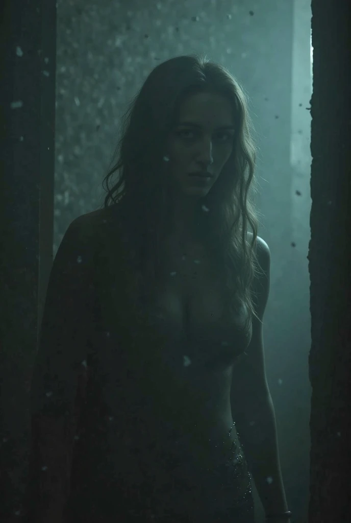 18-year-old brown-haired woman, , from the back watching a magical forest get darker