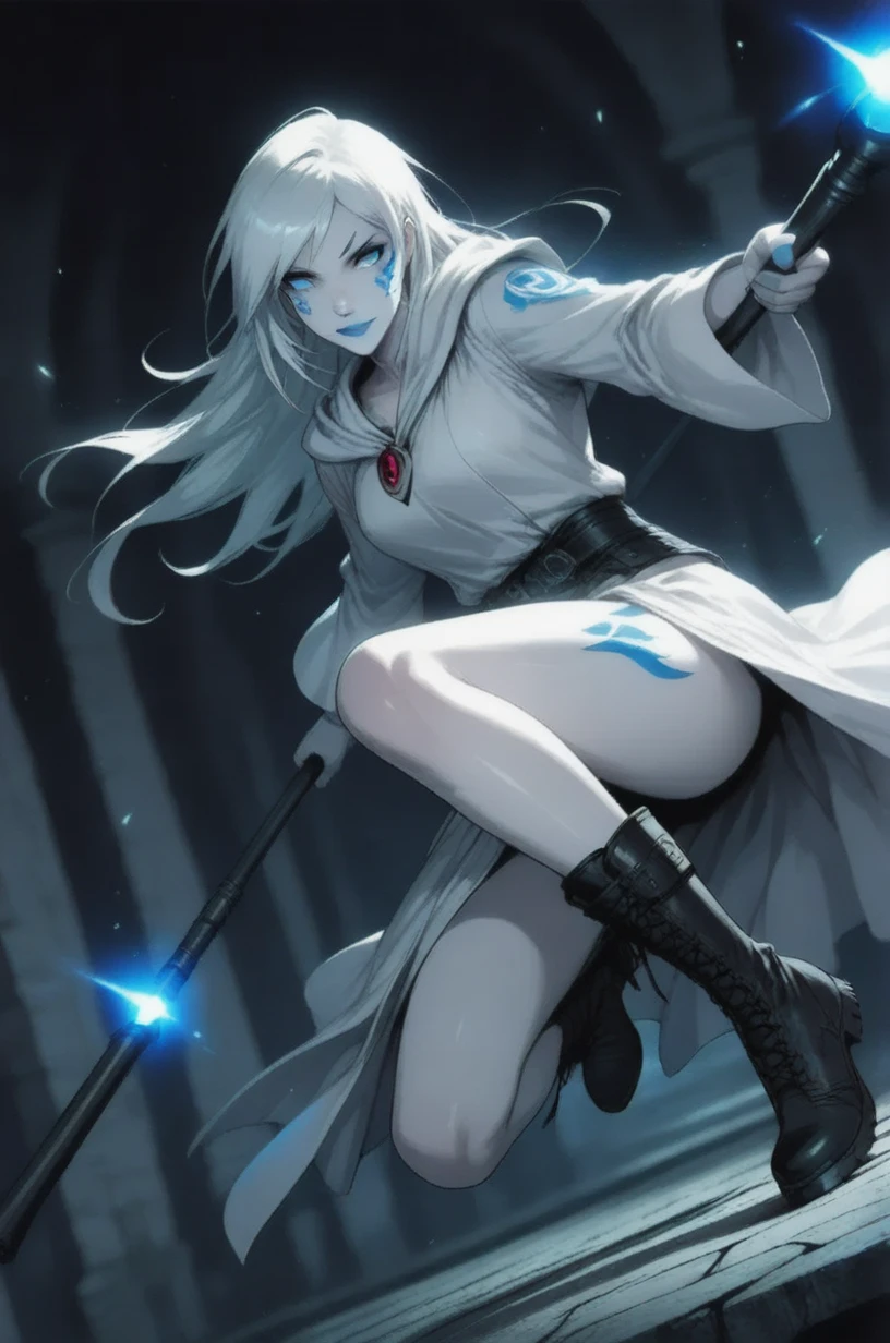 (um personagem adulto de anime tensei shitara slime) Rimuru Tempest, com olhos proeminentes e penetrantes de um (((vermelho escarlate))), who exude an aura of cold determination and a sharp intelligence, (hair is heavenly light blue), fluindo e boca suave e neutra, olhar frio, reflecting an unshakable personality and indomitable spirit, The white hood that covers the character's head adds a touch of mystery and nobility., complementing its enigmatic and powerful presence, personagem completo, ((( forest setting ))), pele branca, Highly detailed scenery, (using white sheet)