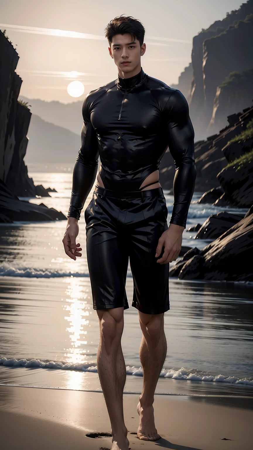 Create 3D men, Looking back, wearing swim trunks, musculosos, thick-thighs, proportional butt
