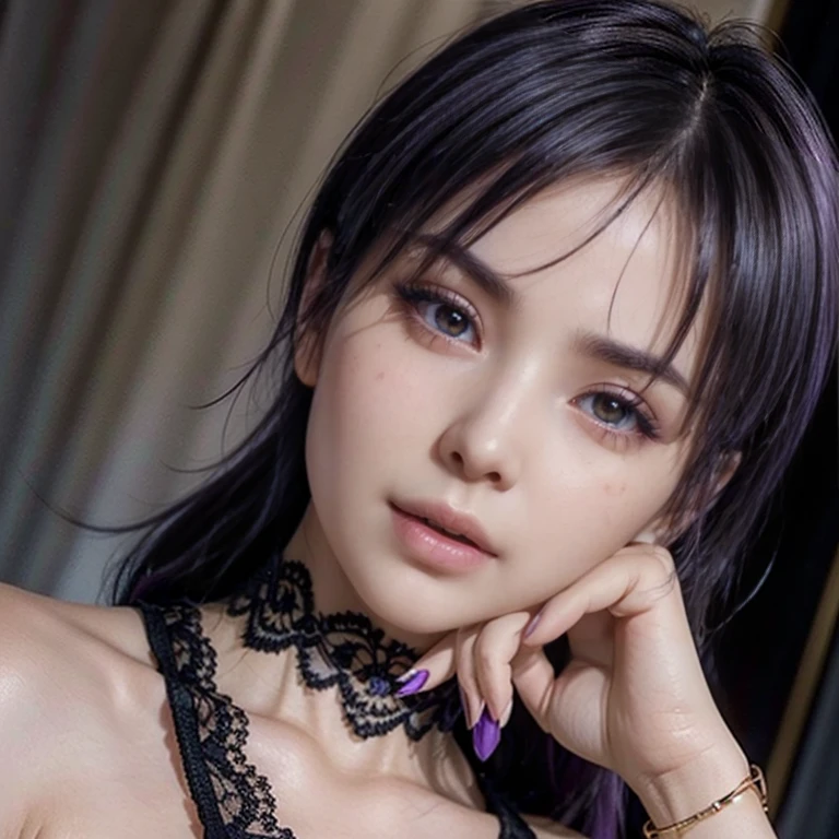 (Hyper Real), Huge beauty, Safety, High resolution, real short hair, Skin texture details, super High resolution, Realistic, Plump figure, smile, Beautiful expression, small purple hair airy long black hair straight divine spirit, Extremely delicate and fine skin texture, Ancient Priestess, Big cleavage, Deep neckline, Big Red Lips , (Gorgeous black outfit and gorgeous accessories) black gothic dress, (Compensate), High Contrast, (Better lighting, Very creative and beautiful), (Cinematic Light), flashy、whole body、Highlight good style、((Wallpaper 8k)), ((Surreal)), ((Quality down to the last detail:1.2)), 1 girl, Kind eyes、Fuller lips