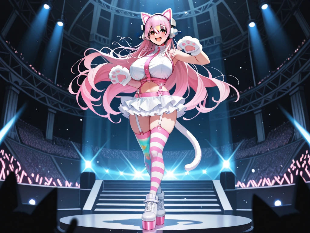 Happy young girl, with wolf ears and pink hair, holding her cheeks, wolf tail, wearing a latex dress, looking at veiwer, full body, you can see her chest, naked breasts