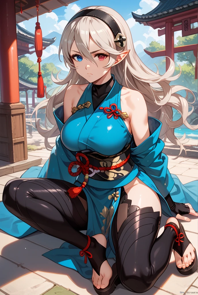 (masterpiece, best quality) detailed, Wearing black tights, silver accessories , Blonde ,elegant, Pointed ears ,Chinese element pattern,thigh,漏出thigh,Large Breasts