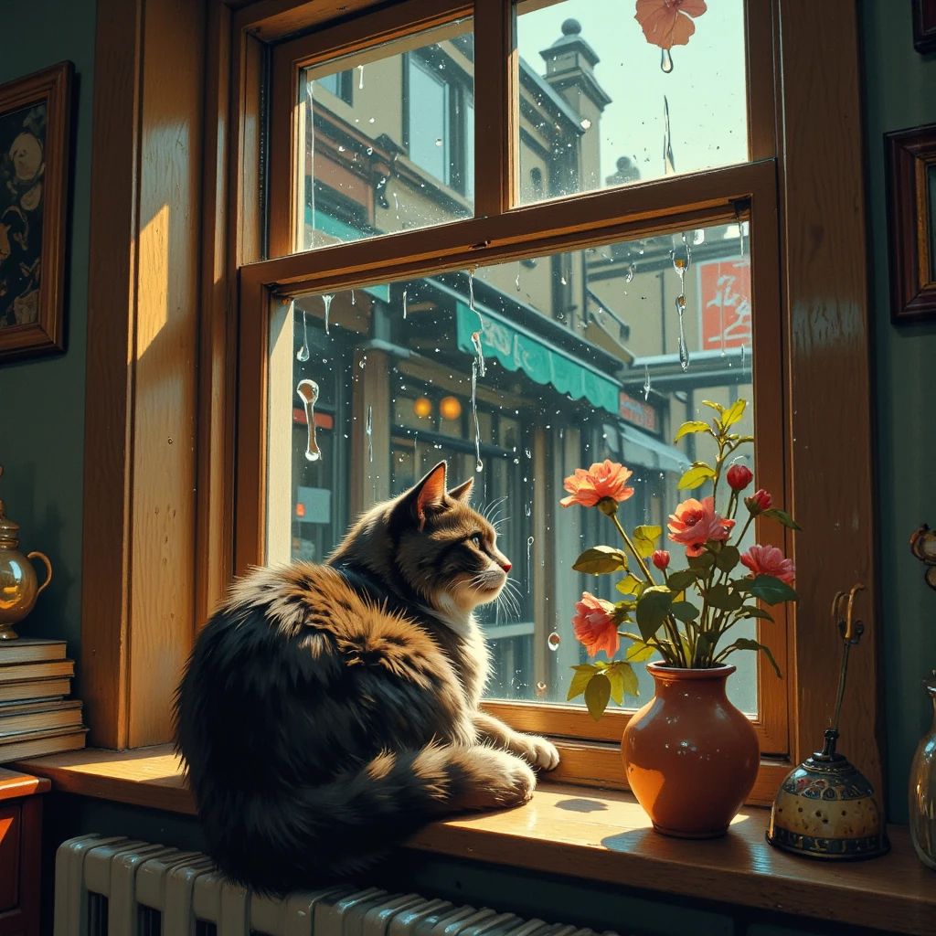 (Rainy Window:1.5), (Rain on glass),(inside the room,Cat by the window)