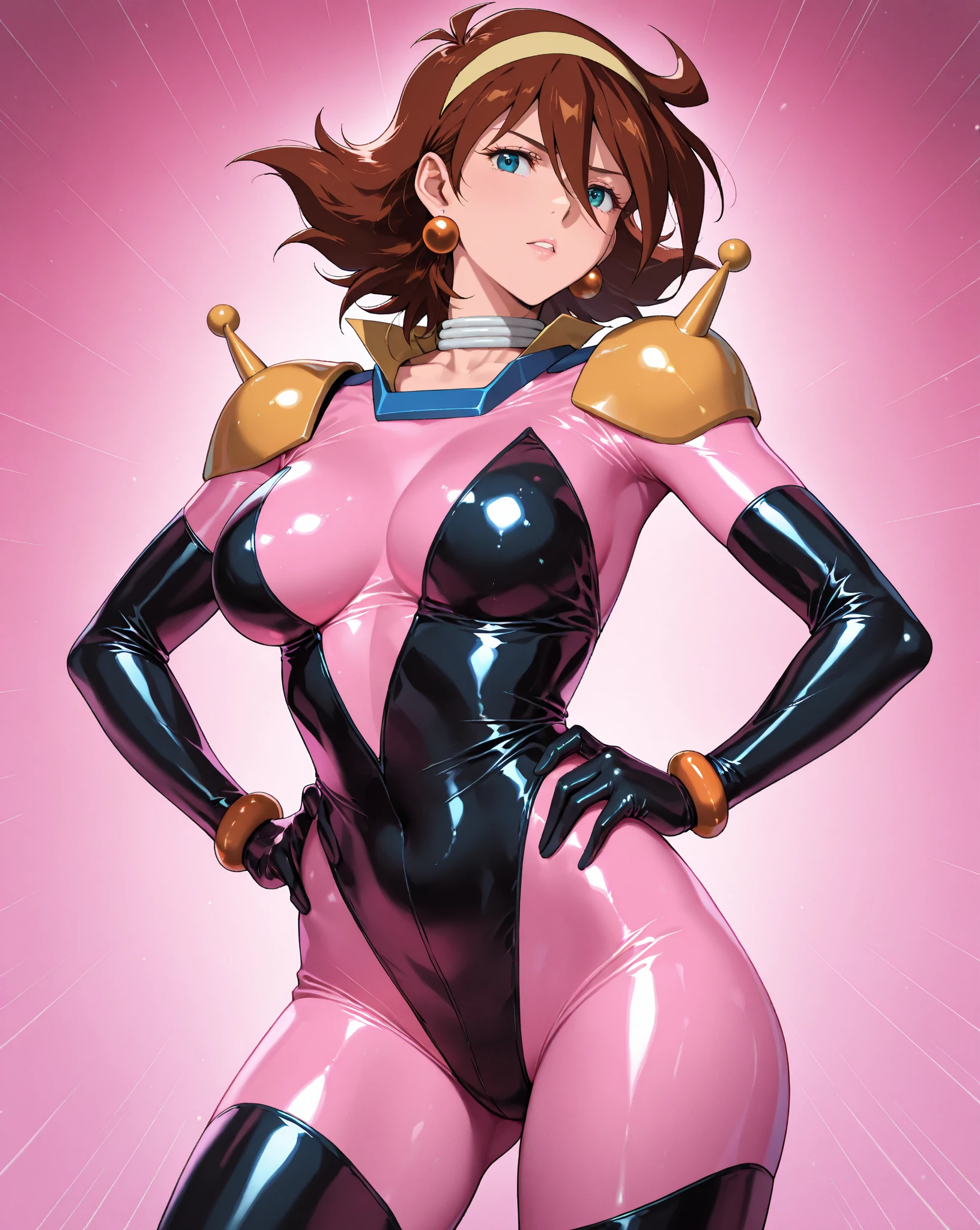 high quality, extremely detailed, perfect face, <lora:RainMikamuraV2:.8>, Rain_Mikamura, pink and black bodysuit, black leotard, short brown hair, yellow headband, yellow shoulder armor, (extremely glossy latex), black gloves, large breasts, cyberpunk background