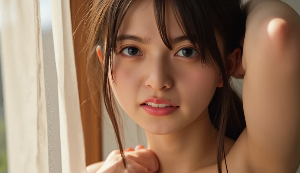best quality, soft light, ultra high res, (photorealistic:1.4), RAW photo,
1japanese girl, solo, cute, (pupil, lights in the eyes),  detailed beautiful face, (small chest),(high resolution detail of human skin texture),
(long hair),
outdoor,night time, satin bra, big breast, mid shot, ponytail, 18+, nsfw, generate above the eaves