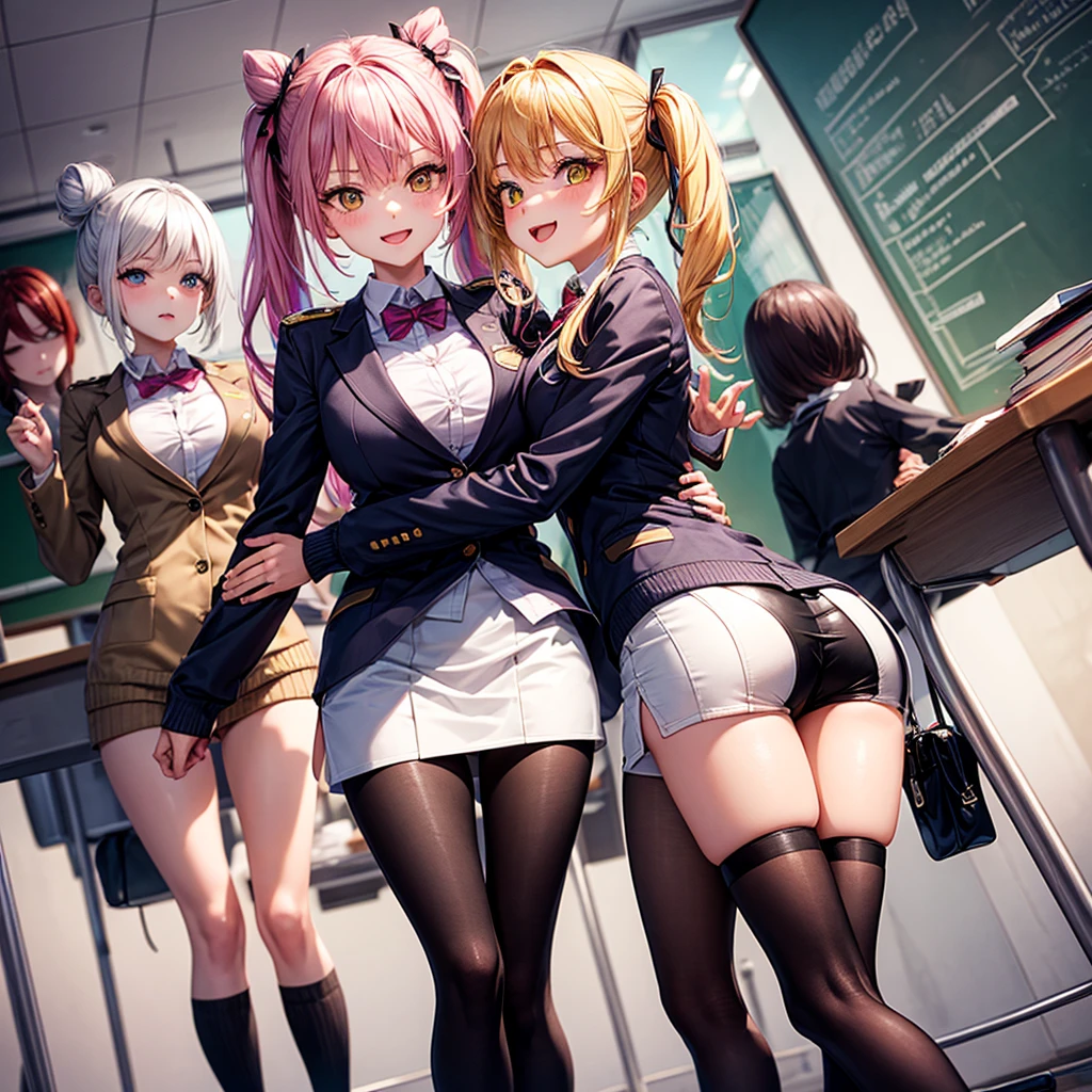 highest quality、masterpiece、1 girl、(blush:1.5)、(smile:1.5)、((fun!!))、cute、(silver hair)、dog ears、high school girl、((classroom:1.5))、()、、Kamimei、look at me、(No panties:1.3)、((shaved pussy:1.5)), ((red bow tie, , black jacket, open jacket, white cardigan, white shirt, black skirt, plaid skirt、black socks))、 (No panties:1.3)、((shaved pussy:1.5))、(highly detailed closed labia:1.5)、light blue eyes、long hair