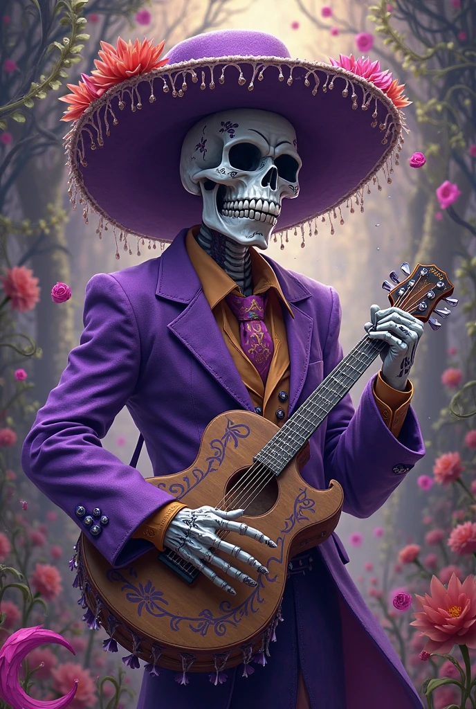 masterpiece, best quality,8k,highestres, absurdres, extremely detailed, brook\(one piece\), afro hair, solo, looking at viewer, an extremely tall skeleton dressed in formal attire complete with top hat and guitar, ((skeleton hands and body)),///,