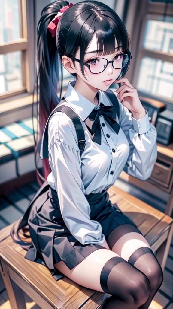 (masterpiece, top quality, best quality, official art, beautiful and aesthetic:1.2),1girl, solo, jk_lure_dress2, looking at viewer, glasses , cowboy shot, sitting in classroom, <lora:add_detail:1.2>, <lora:jk_lure_dress2:1>