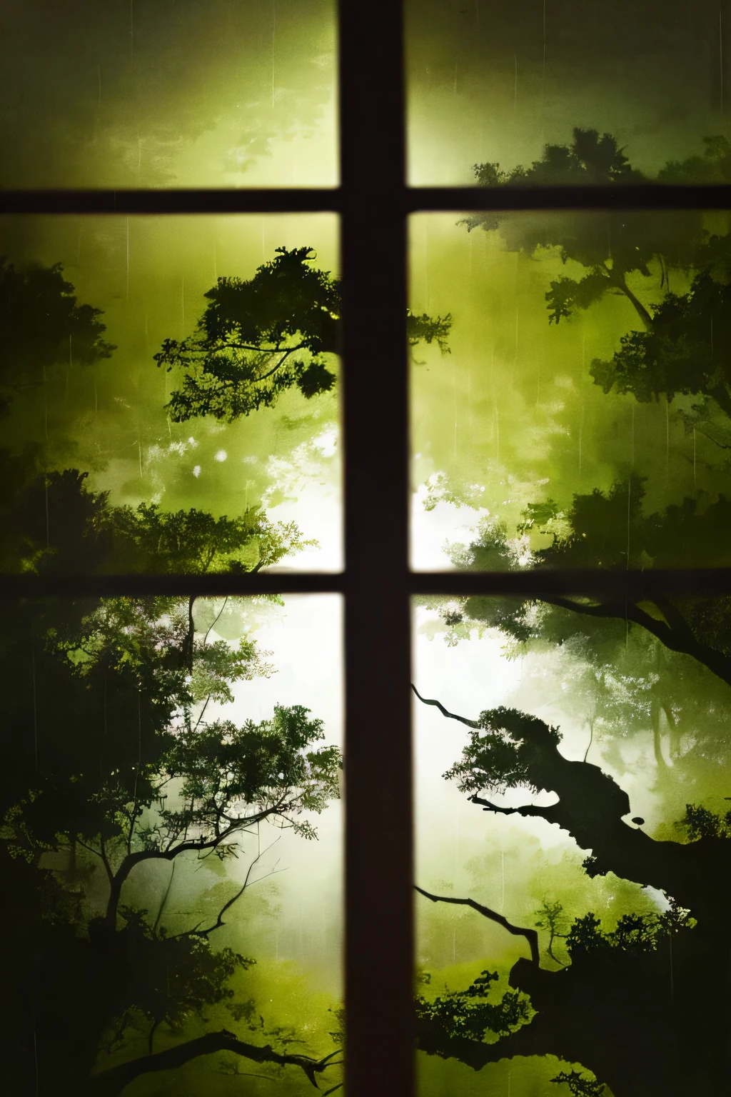 (best quality, ultra detailed, high-res), macro shot through countless raindrops on a window, blurred forest in the distance, distant green forest through the window, soft lighting, Totoro, Silhouette