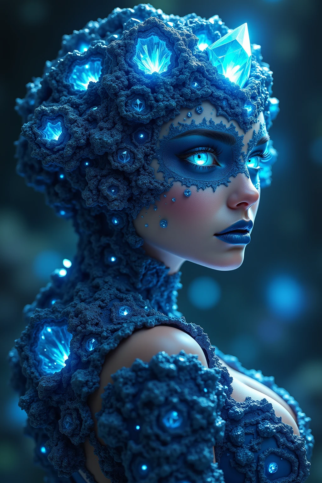 (high-res, vivid colors), blue bird alien, detailed feathers, sparkling eyes, alien landscape, vibrant colors, surreal atmosphere, glowing lights, otherworldly features, intricate patterns, dreamlike scenery