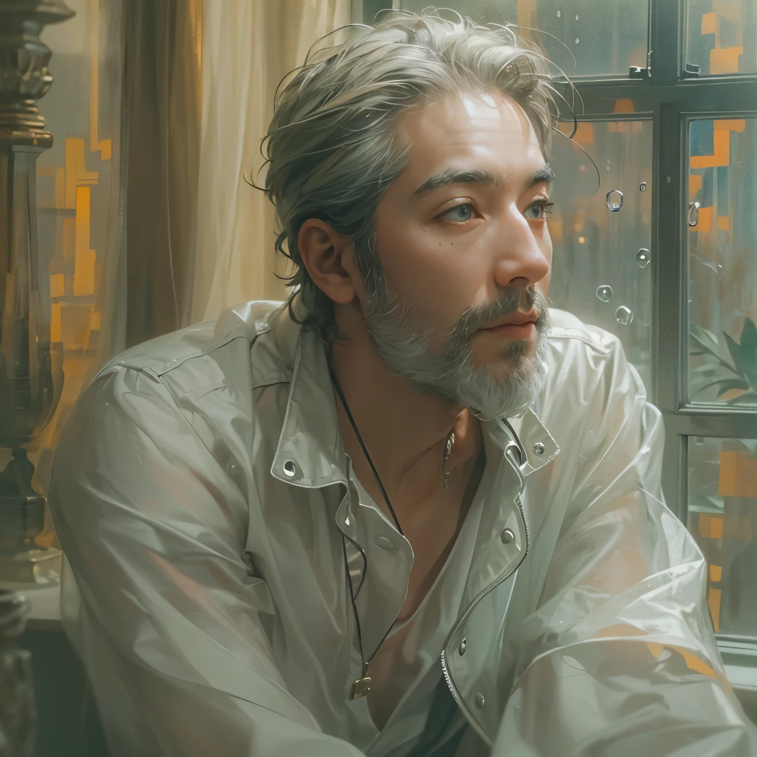 ((masterpiece:1.2))、( best quality )、( photorealistic、 photorealistic:1.37)、( details)、( and a very attractive smiling man)、( very beautiful symmetrical face )、( attractive man)、(Eye-catching highlights)、( high resolution)、(32K)、(非常に details)、(美しく detailsな目)、( Official Art)、{{masterpiece、 best quality 、非常に detailsな CG、均一な 8k high resolution、 Cinematic lighting }}、(美しくMidea:1.2)、( Anatomically Normal 、8k、16k、超 details、Midea)、( best illustrations)、8k、3D、joy、 clear clean background of air 、Midea雰囲気、 The color is dull、 Dramatic Studio Lighting 、 High Contrast、 Photorealism 、full body、(is wearing a trench coat)、( dark haired man)、 orange eyes 、 Create a vivid impression 、 get away from the camera 、 anatomically accurate、A mesmerizing masterpiece featuring a figure with top-quality features, possessing expressively captivating eyes and a flawless face. The scene unfolds by a rainy window with fogged glass, allowing only a pale light from outside to seep in. The subject stands gracefully at the window from indoors, gazing outward with contemplation and poise. The pale light seeping through from outside adds an ethereal quality to the scene, as the figure gazes out longingly into the misty beyond, capturing a moment of serene contemplation. The figure is depicted standing at the window from indoors, gazing pensively at the misty world beyond.