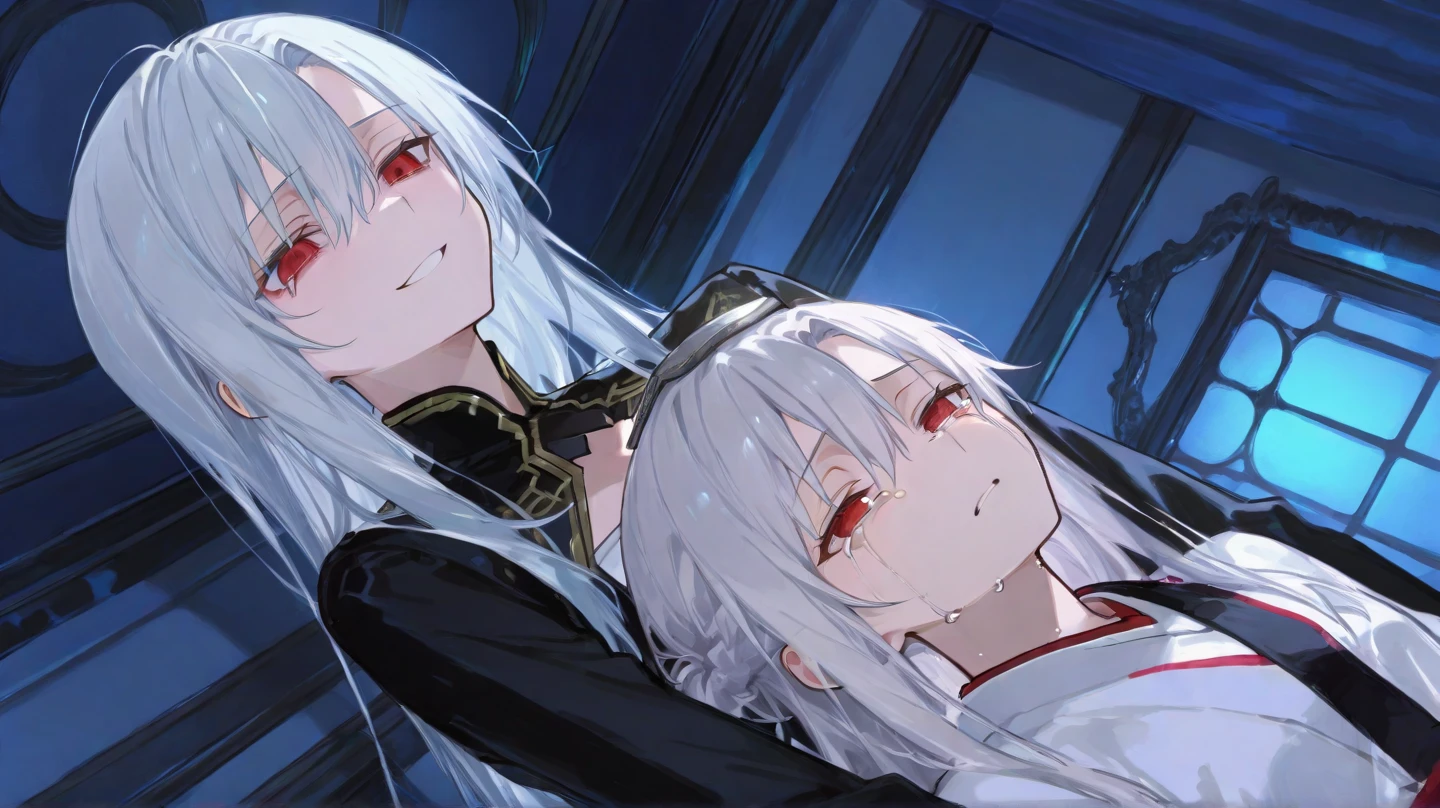 woman, blue eyes, long hair, white hair, mature, god eyes, diamond earings, glowing right eyes, two colors eyes, purple eyes, golden armor, injured, blood, dead