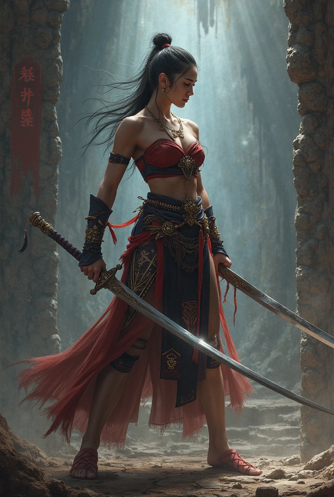A naked Chinese woman in a sword fight