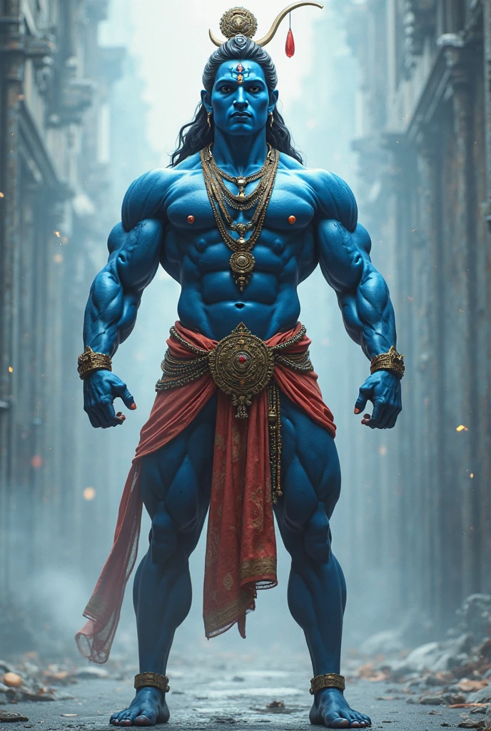 Lord krishna with 6 pac bodybuilding in cyberpunk city and glowing his eyes in red colour 