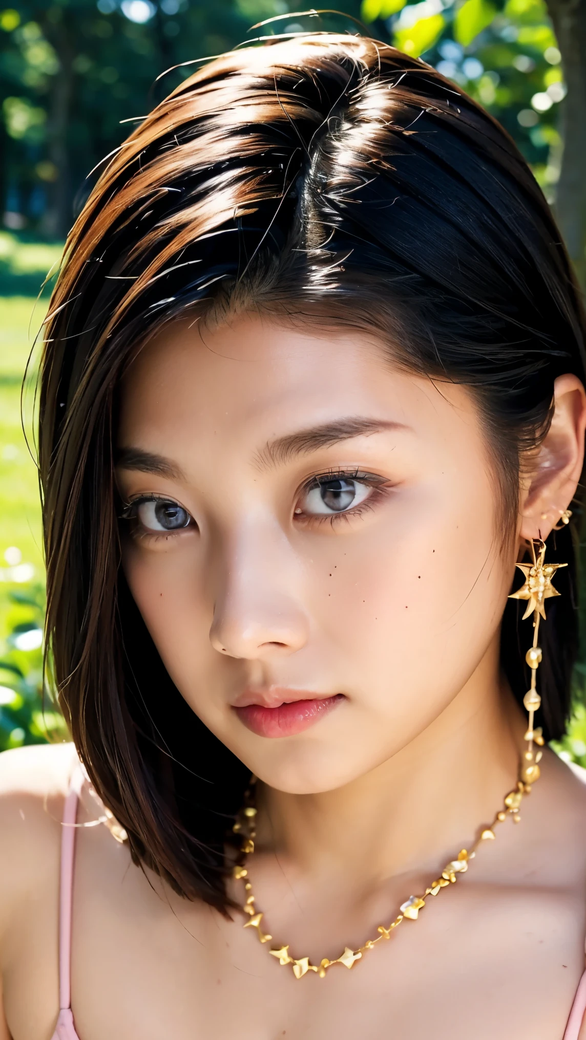 (masterpiece:1.3), (8k, realistic, RAW photos, best quality: 1.4), Japanese, (1 woman), beautiful face above the castle gate, (lively face), ( short bob hair:1.3), Beautiful Hairstyle , dark brown hair color、realistic eyes, beautiful eyes on my stomach, (realistic Skin), beautiful skin, charm, Super Fine, golden ratio, Detailed makeup、 Enchanting eyeshadow、 long eyelashes、moles around the mouth、 earrings、Gorgeous Gold Necklaces、looking down from above、超Big Breasts、Big Breasts、 Beautiful Pink Areolas 、 pink nipples beautifully drawn in every detail:2.0、 Shade of large trees on the prairie、bright outdoors、small nipples near lips:2.0、small areolas:2.0