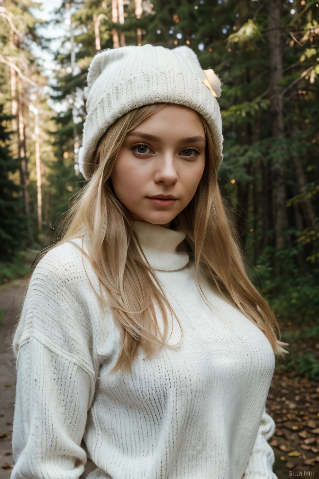 Blonde hair, black eye, hat, 18 yo, 1 girl, medium breast, cute, beautiful, forest, snow