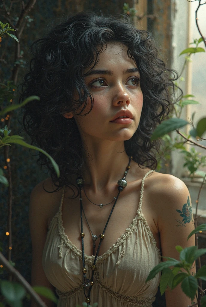 A rabbit with the shape of a frog in a lake full of crocodiles the color of fur and green with mystical designs on its body the lake is dark but the lighting in the sky is clear with a young black woman with curly hair standing at the end of the lake looking at the rabbit and wore a blue dress and a panther tattoo on his left arm