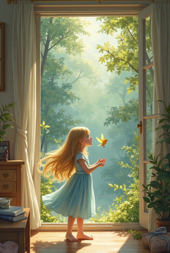 Illustration of a girl, 1 blonde child of 10 years, "happy" in an enchanted flower garden, wearing long dress of braco and blue color, blue sky of clouds, playing with butterflies, beautiful illustration, beautiful UHD 4k art, a beautiful art illustration, art in the style of guweiz, atey ghailan 8K, artgerm and atey ghailan, girl,  1 blonde child of 10 years, wearing long dress of white and blue color, happy in an enchanted flower jadim, playing with butterflies, (butterflies). (best quality, masterpiece), pose, particles, wind, flower, full body, enchanted garden background, looking at the butterflies. --auto