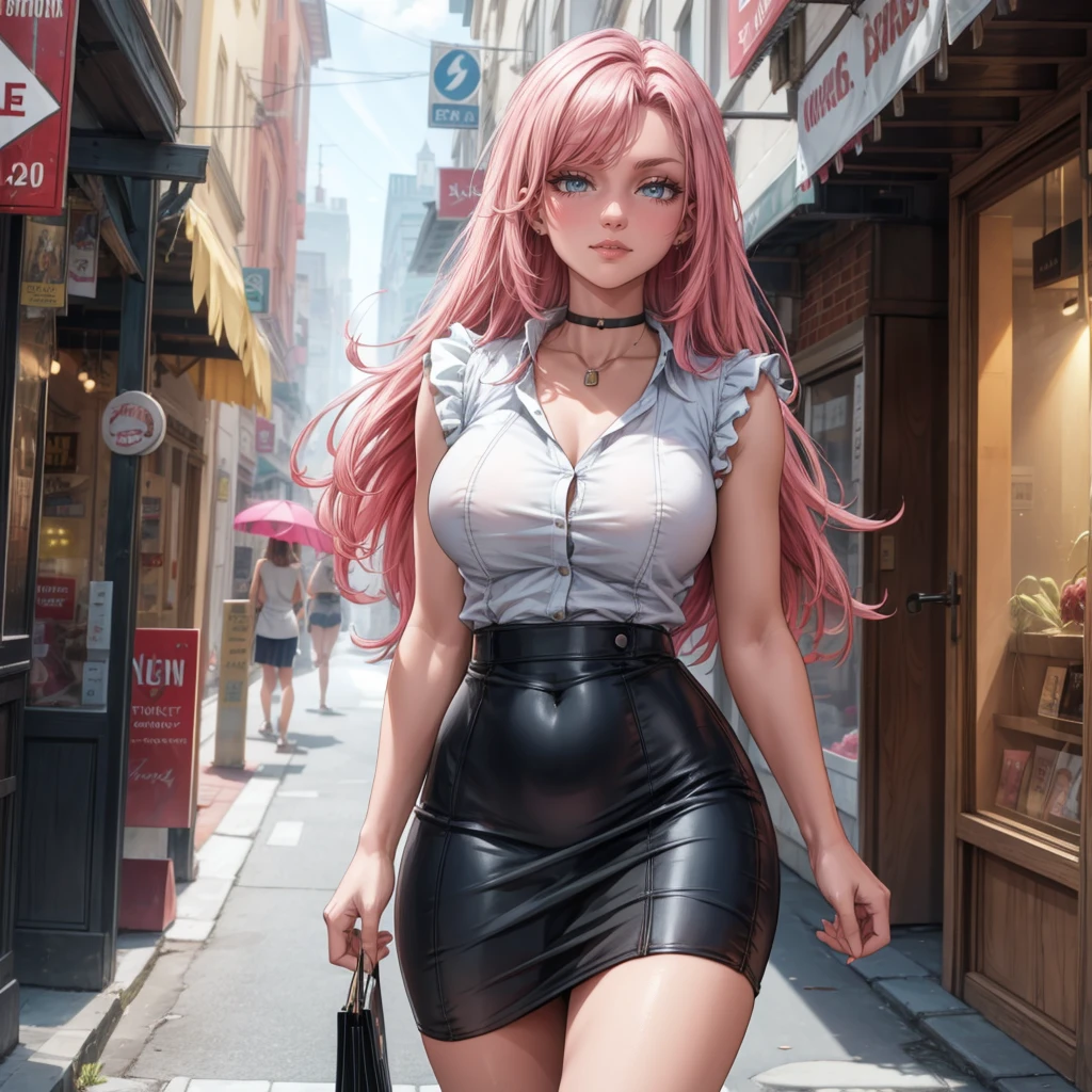 Masterpiece, raw, beautiful art, professional artist, 8k, art style by sciamano240, very detailed face, very detailed hair, 1 woman, perfectly drawn body, beautiful face, long hair, pink hair , very detailed green eyes , rosey cheeks, intricate details in eyes, playful smile, looking directly at viewer , in love with viewer expression, black chocker, lipstick, wearing cute summer clothes, white crop top, short black pencil skirt, brown wedge heels, standing up, sunny day fall, cleavage, standing up