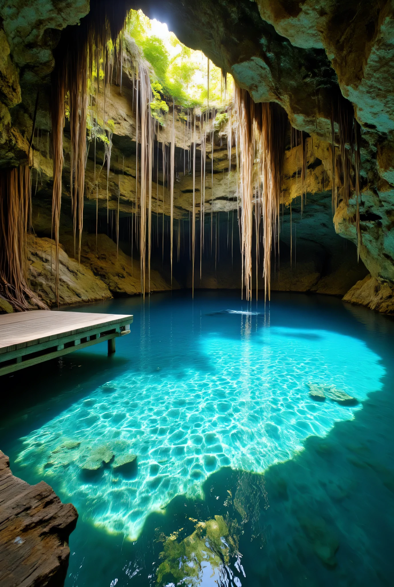 A breathtaking hidden cenote、with long vines and roots hanging down、Filled with crystal clear turquoise water。water surface、Gives you a sense of the depth and tranquility of this hidden paradise。filled with crystal clear turquoise water、what is a natural underground sinkhole、The water is incredibly clear and quiet。No human intervention、Blends seamlessly with the natural rock formations、Simple, crystal clear water and bright sunlight、素朴な木製のプラットフォームがwater surfaceに伸びている。