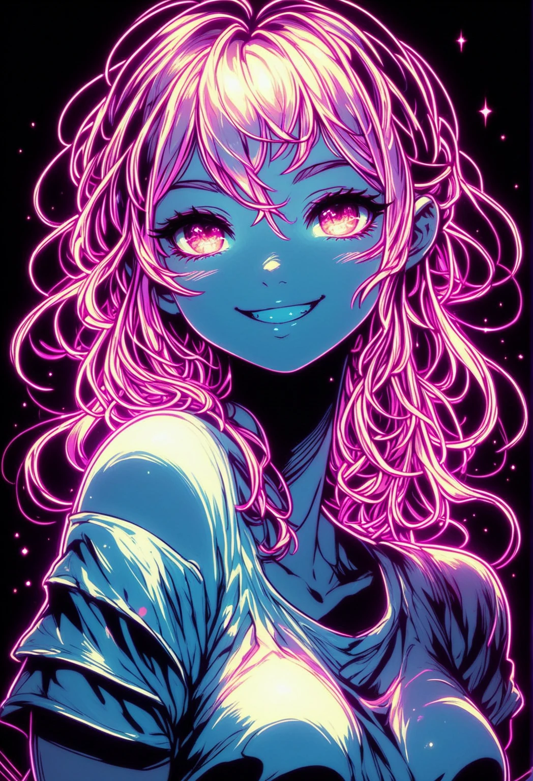 glowart: 1.0), (bright, sketch, drawing: 1.0), 1girl, bangs, blue eyes, blush, collarbone, hair between eyes, long hair, looking at the viewer, bra, open mouth, pink hair, portrait, shiny, shiny hair, side ponytail, solo, wet, wet hair