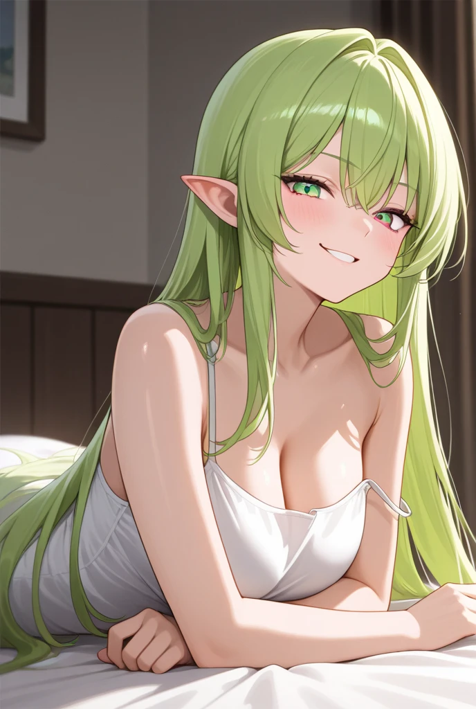 sweat, full-face blush,corruption, looking at viewer, (happy, smirk,smug, teeth,smile ), sitting, on bed, hotel room, nightgown,see-through, heavy breathing, wariza, riveria, very long hair,Young woman sitting and waiting for her boyfriend to stare at the camera, elf, long hair, kind smile, green hair, emerald green eyes, white shawl, shirt Green formal coat, black tights, (masterpiece),(best quality),extreamly delicate and beautiful,(realistic:0.5), high quality, 1girl, solo,solo_focus