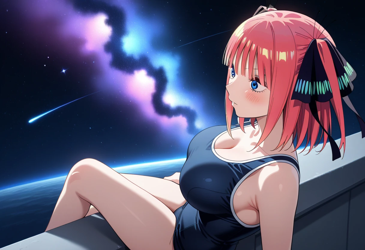best quality, ultra-detailed masterpiece, anime art style, cute characters, nino nakano, one-piece swimsuit, large breasts, pantyhose, space station