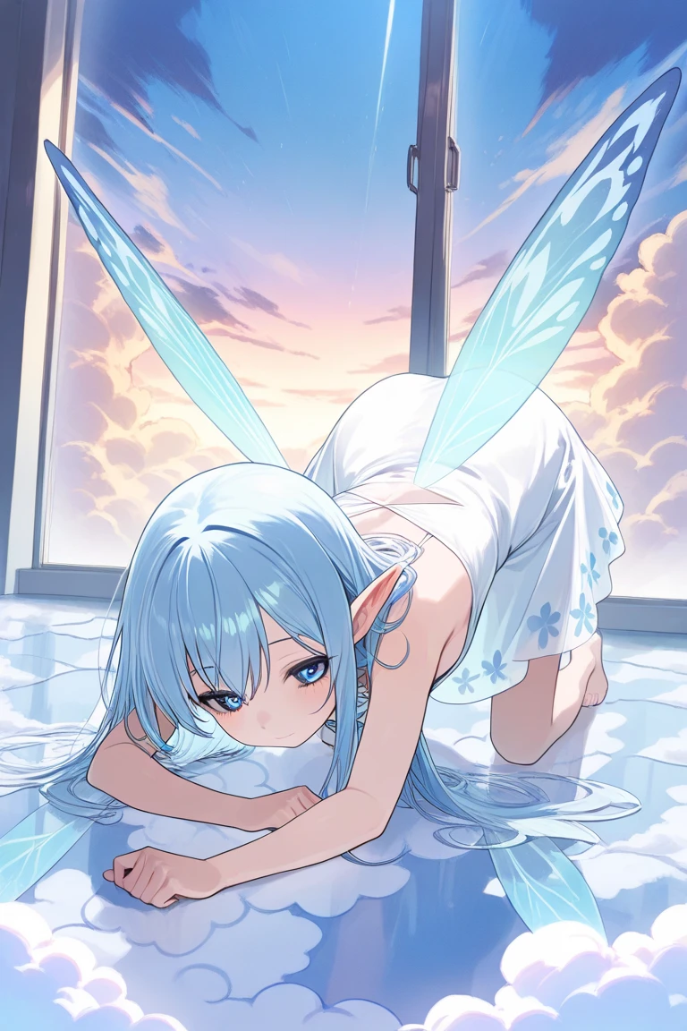 naked fairy in a fantasy style fingering her crotch. Wet body. Liriel is a small, delicate fairy with translucent wings resembling those of a dragonfly, displaying iridescent tones that shift with the light. Her face is fine and ethereal, with large blue eyes. Playful happy open mouth hentai expression. lying with spread legs. Her wet hair seems made of strands of light, floating around her head in soft, pastel tones. The light emanating from her body is soft yet clear, creating a magical and ethereal aura around her. The background suggests an enchanted forest, filled with ancient trees and a mysterious and magical atmosphere