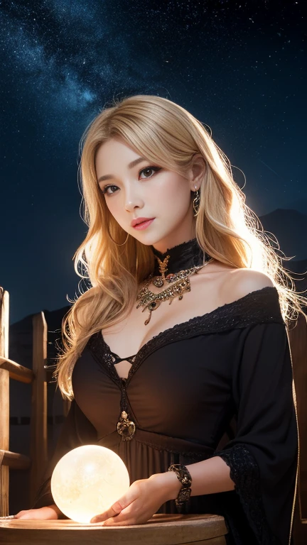 masterpiece，Highest image quality，Super details，best quality ,extremely delicate and beautiful, Very detailed,best quality, official art, Extremely detailed CG unified 8k wallpaper, Ana de Armas portrait photo, Blonde hair with black pupils，shiny skin,  (beautiful eyes:1.1), beautiful skin, big watery eyes，(detailed lighting:1.2), (Beautiful and detailed light:1.3), Beautiful black maid outfit,, beautiful breast balls, The most perfect breast ball shape，firm breast balls，Deep cleavage，Naked of breast，complex, digital drawing, Smooth, sharp focus, end of the world, epic reality, (high dynamic range:1.4), (pastel colors:1.4), Revelation，Bright colors, night, screen space refraction, (intricate details, Super detailed:1.3), art station, lens, vignette, complex background, buliding，Beautiful smile，The most beautiful look，Detailed moon background，Dreamcatcher earrings，The best look，Beautiful intricate necklace，Black lace hollow dress，（Hollow dress of various colors lacks color，Black，white，pink，purple，Red，blue，Orange，green，Cyan，），