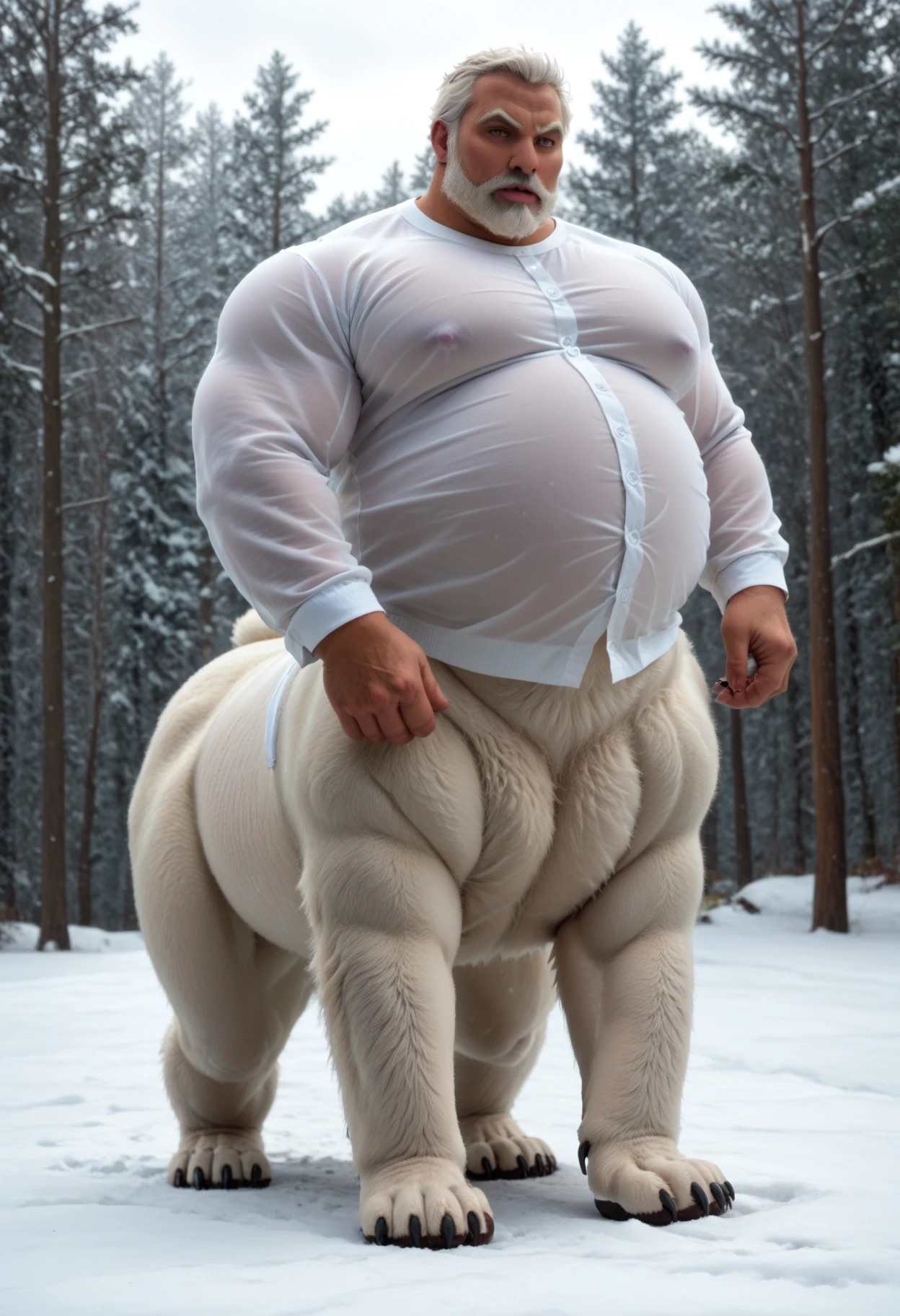 male furry polar bear with red dog penis, full body, standing on a deserted beach